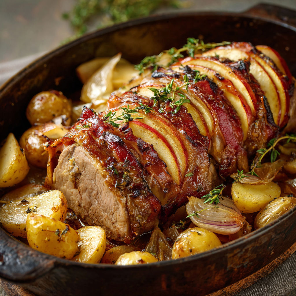 Veau Orloff aux pommes tendres, oignons cuits tout doux et lard fumé.