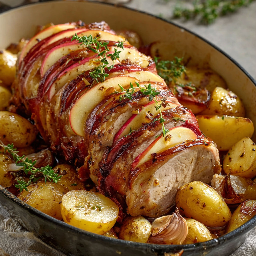 Rôti Orloff gourmand au lard fumé avec pommes caramélisées, grenailles croustillantes.