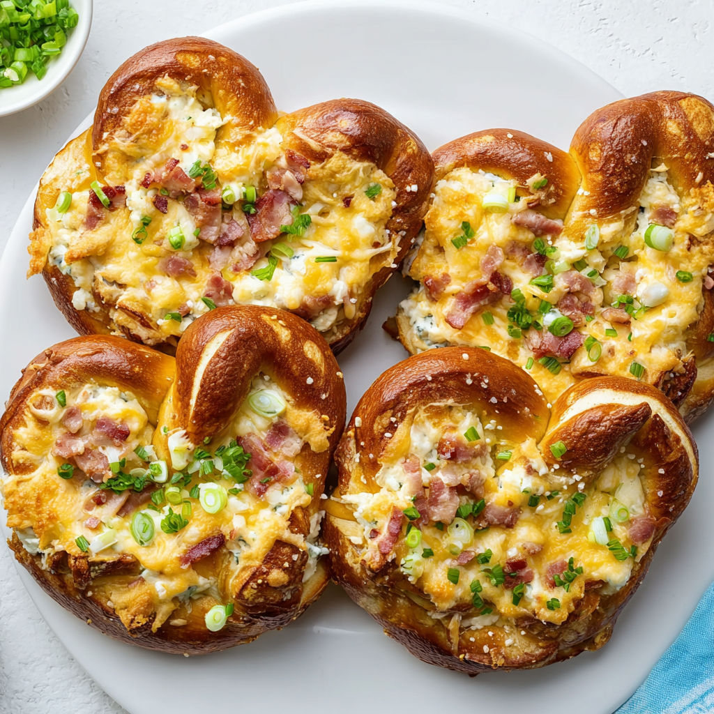 Bretzels dorés, fromage coulant, lardons grillés et ciboulette fraîche.