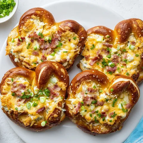 Bretzels dorés, fromage coulant, lardons grillés et ciboulette fraîche.