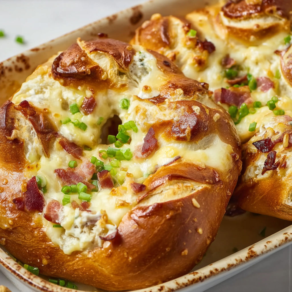 Bretzels grillés avec fromage frais, lardons dorés et oignons verts.