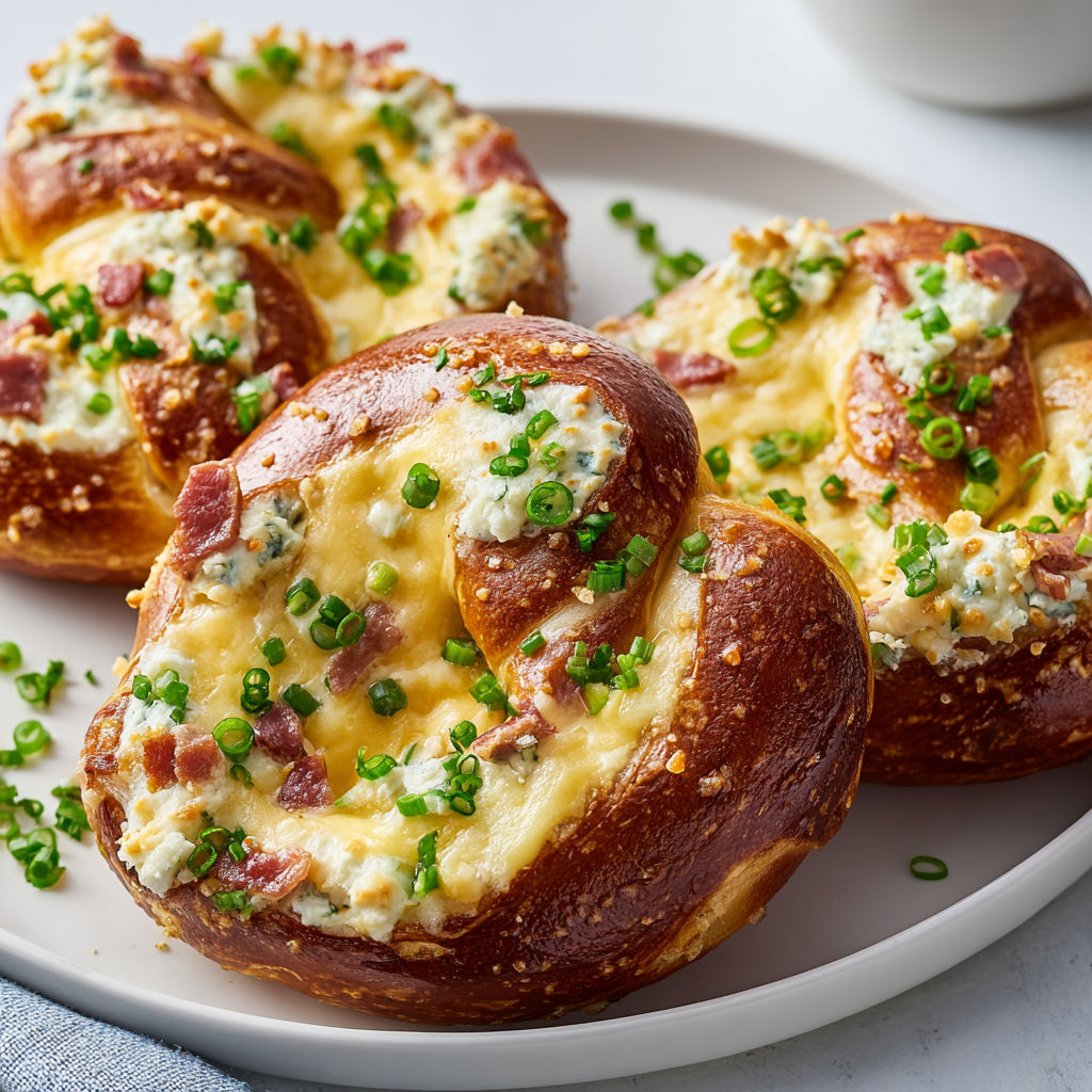 Bretzels super gourmands façon flammekueche, fromage bien fondu et lard croquant.