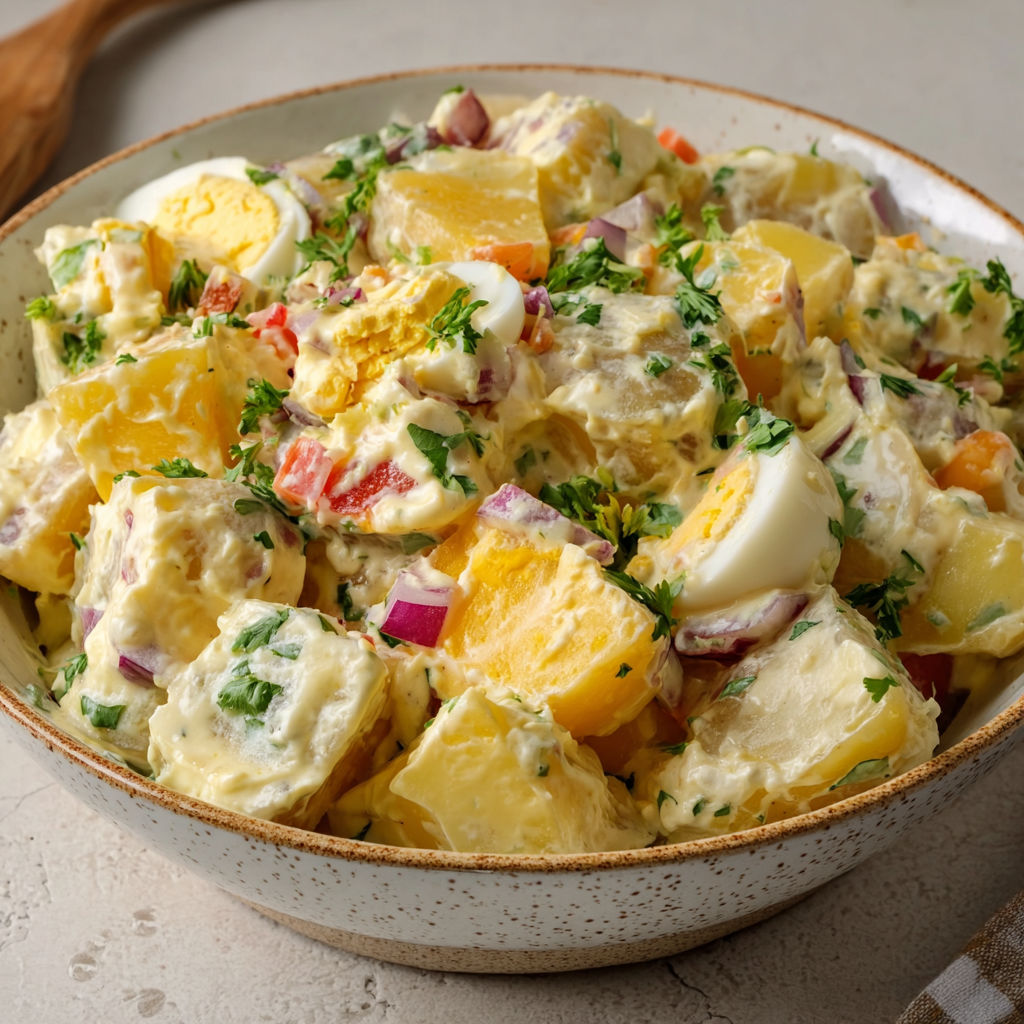 Un bol rempli de salade aux pommes de terre crémeuses et œufs présenté sur une table.