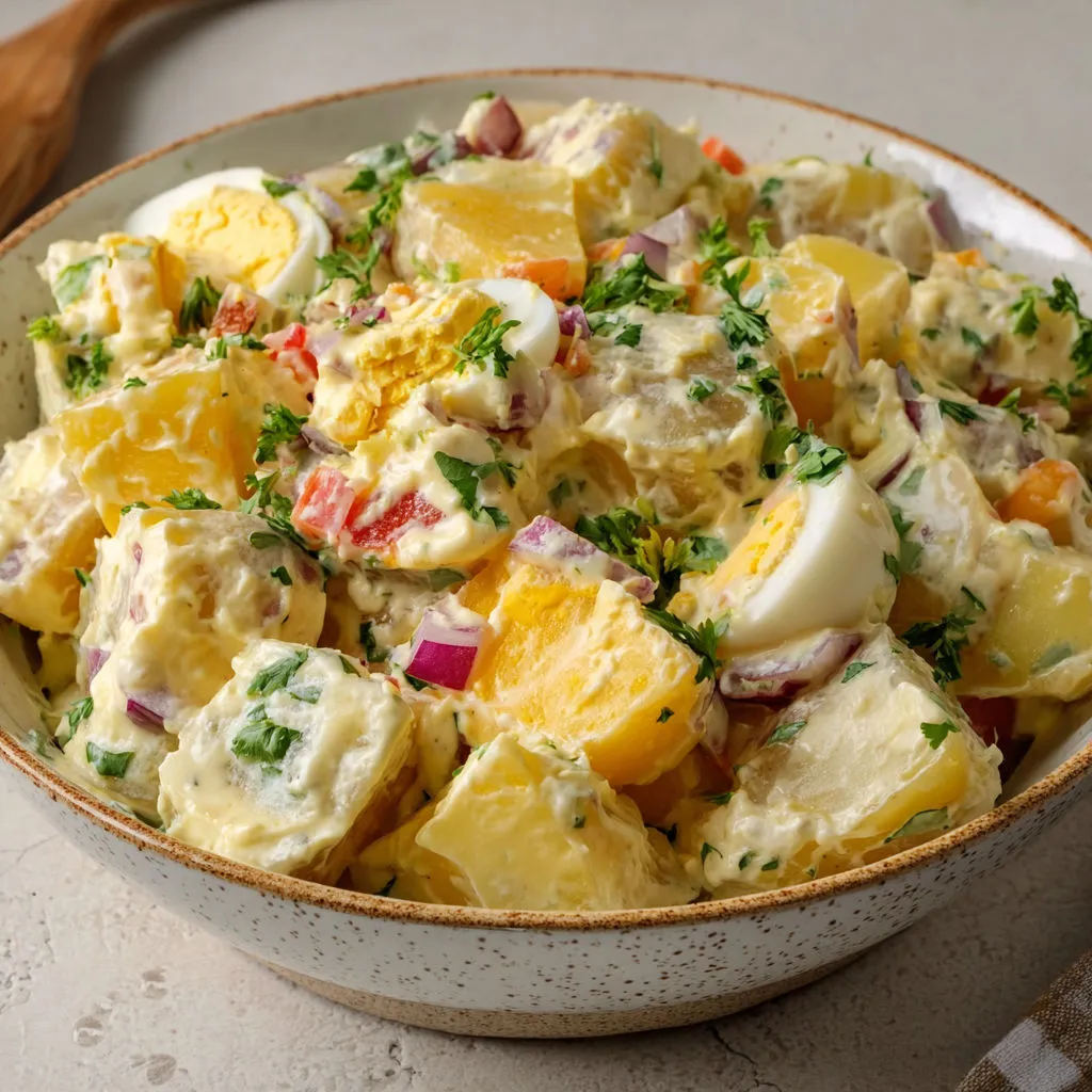 Un bol rempli de salade aux pommes de terre crémeuses et œufs présenté sur une table.
