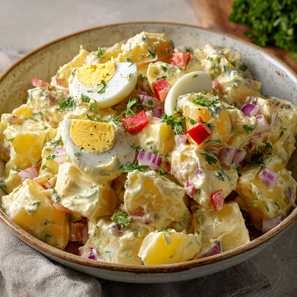 Salade crémeuse de pommes de terre avec œufs et sauce moutardée maison.