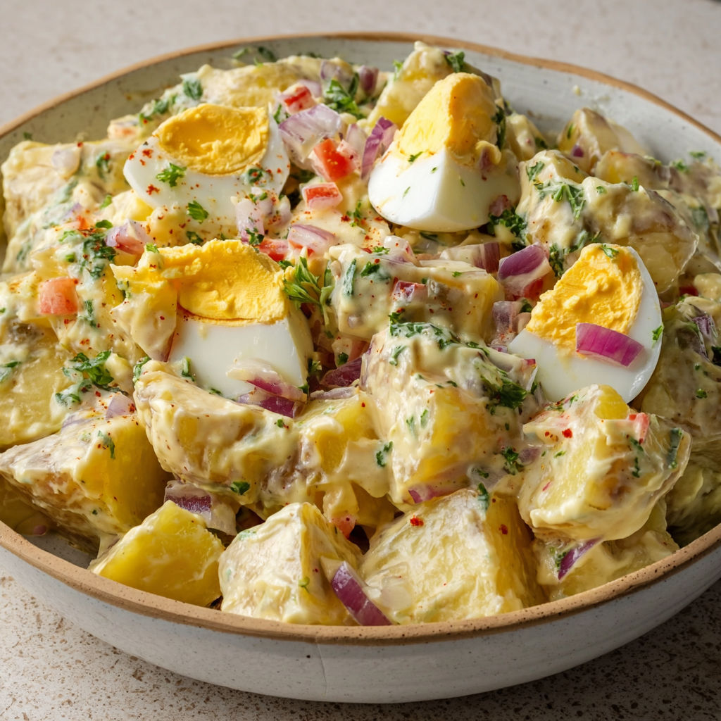Salade façon piémontaise : œufs, pommes de terre fondantes, cornichons croustillants.