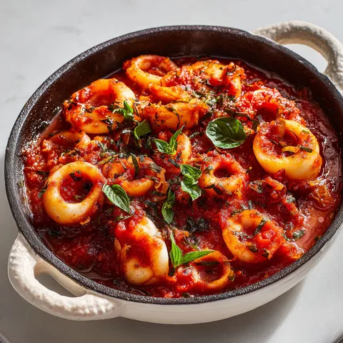 Un plat d'encornets tendres nappés de sauce.