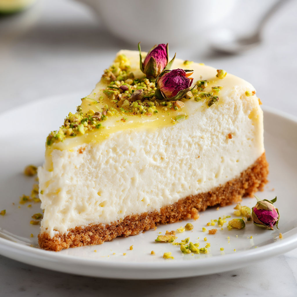 Délicieux cheesecake au citron vert sur base croquante, sublimé par des touches de pistaches et des roses séchées.