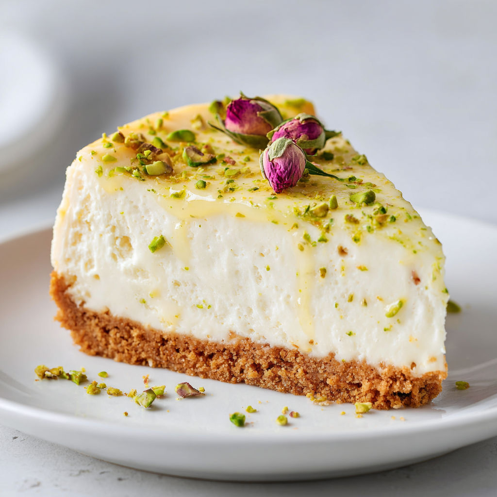 Gâteau frais citron vert et cottage cheese, pistache croquante et pétales de rose.