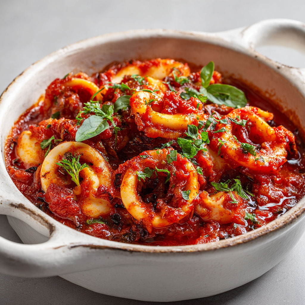 Plat de Blancs d’Encornets Mijotés Tomate Basilic ultra savoureux.