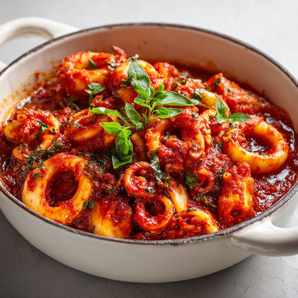 Calamars façon Provençale, sauce tomate parfumée irrésistible.