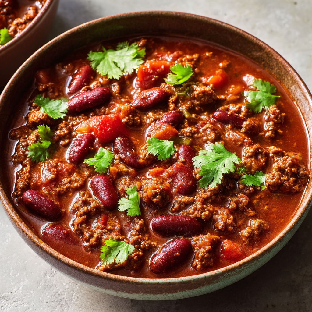 Plat de chili au boeuf bien épicé avec haricots rouges servi généreusement.