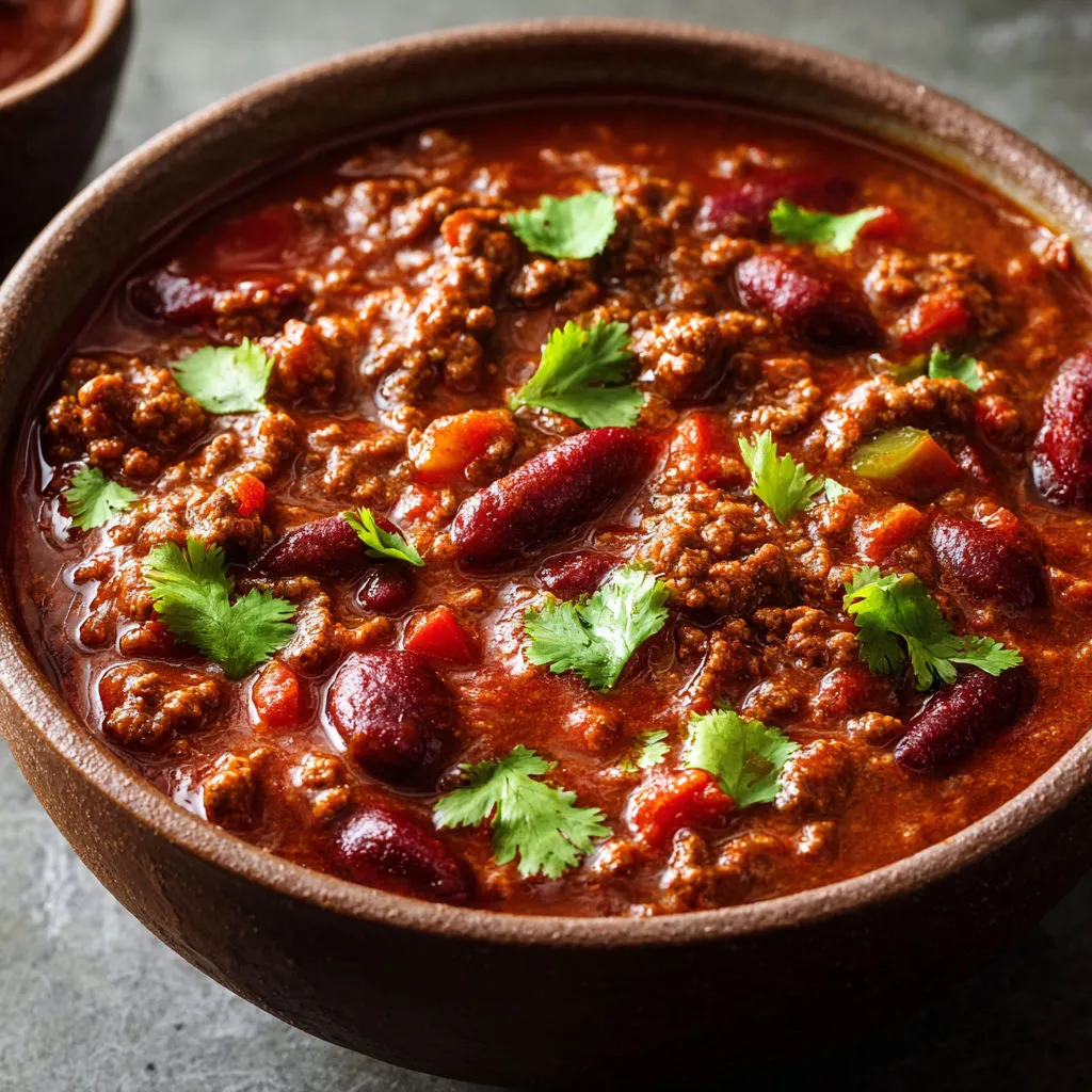 Chili mijoté au boeuf haricots rouges et citron vert frais prêt à déguster.