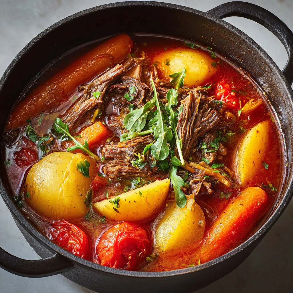 Boeuf mijoté avec tomate, carottes et rutabaga pour un pot-au-feu convivial.