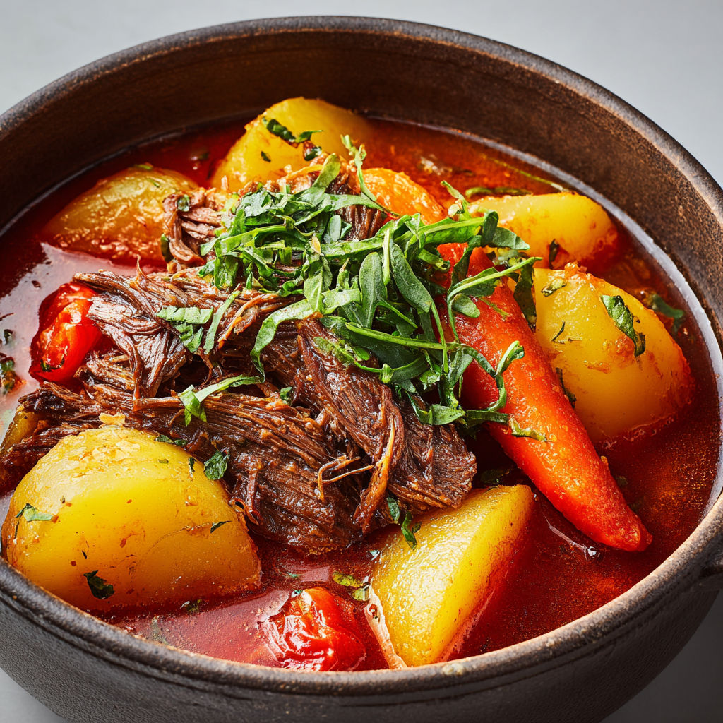 Bœuf mijoté aux légumes et tomates fondantes.