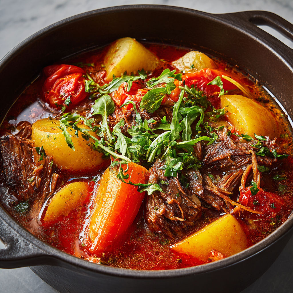 Pot-au-feu généreux de bœuf et légumes aux tomates.