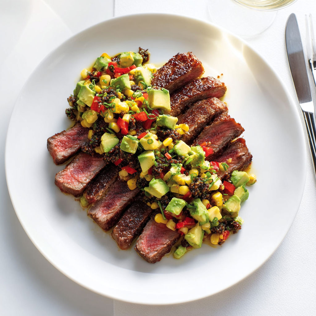 Steak Express au Bœuf et Salade d’Avocat et Maïs Très Colorée.