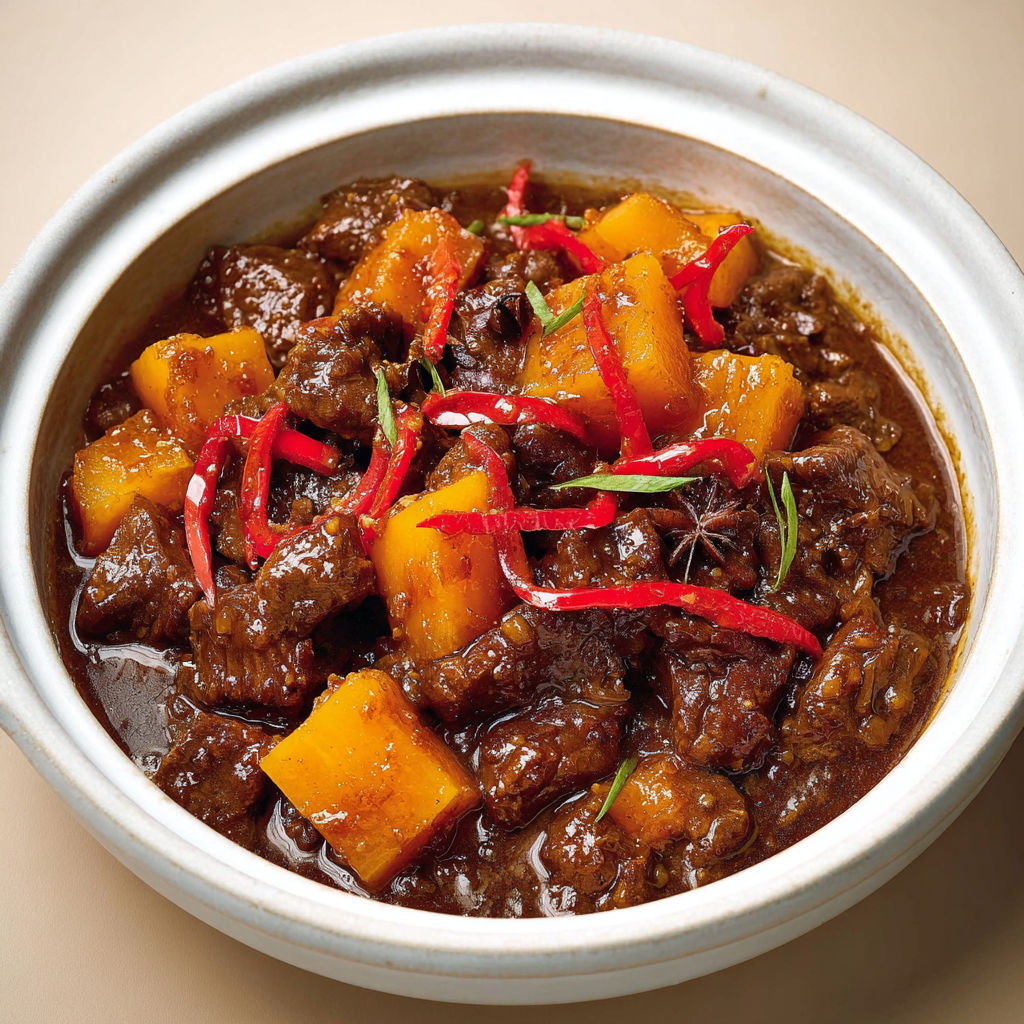 Un délicieux mijoté de boeuf asiatique avec des légumes fondants, présenté dans un joli bol.