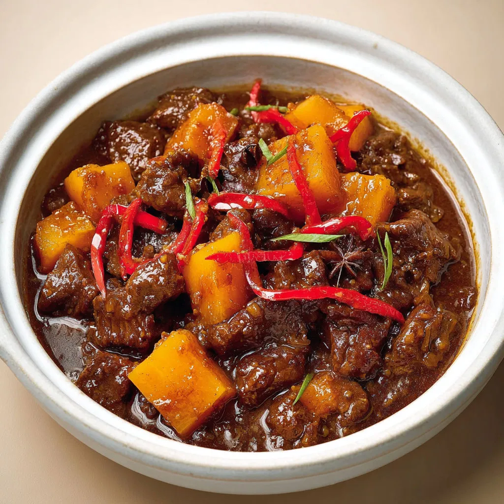 Un délicieux mijoté de boeuf asiatique avec des légumes fondants, présenté dans un joli bol.