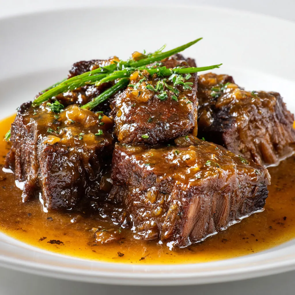 Un plat savoureux de boeuf braisé accompagné de zestes d'agrumes et d'herbes aromatiques.