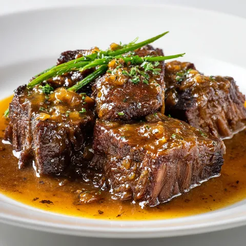 Un plat savoureux de boeuf braisé accompagné de zestes d'agrumes et d'herbes aromatiques.