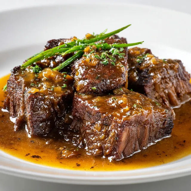 Un plat savoureux de boeuf braisé accompagné de zestes d'agrumes et d'herbes aromatiques.