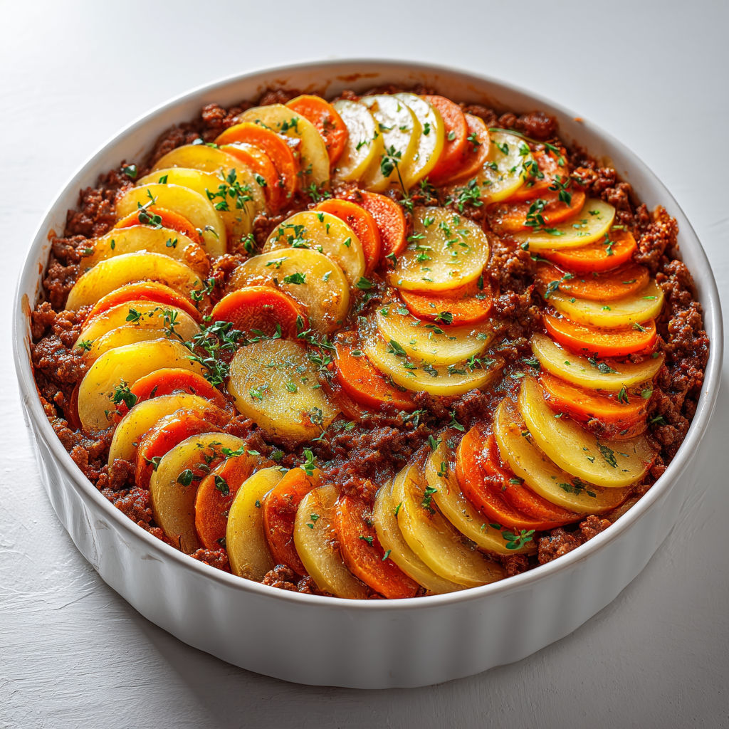 Gratin rustique de bœuf et légumes au jus de tomate façon chalet.