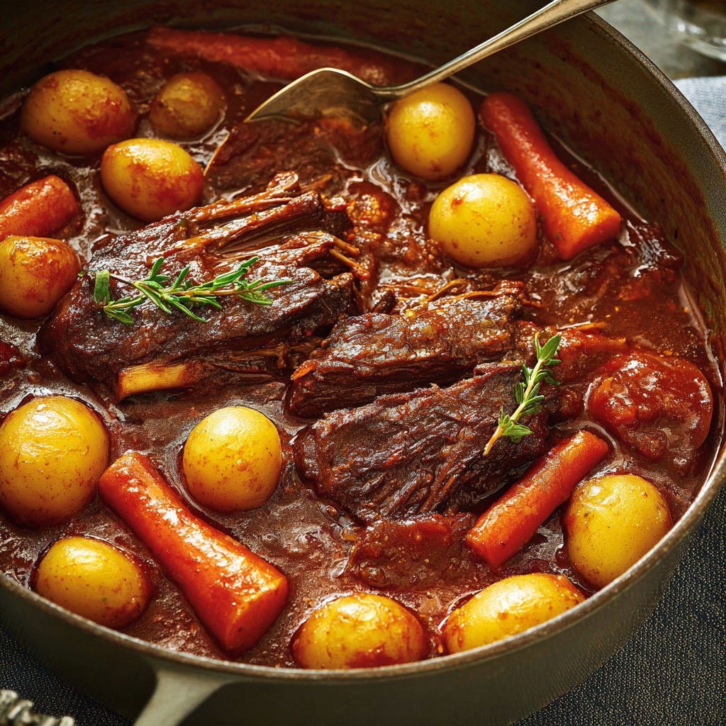 Grande cocotte de boeuf braisé aux herbes italiennes et légumes anciens.