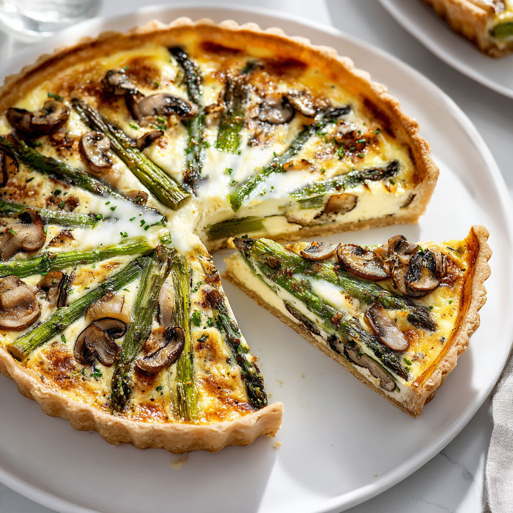 Quiche asperges champignons sur un plateau à servir