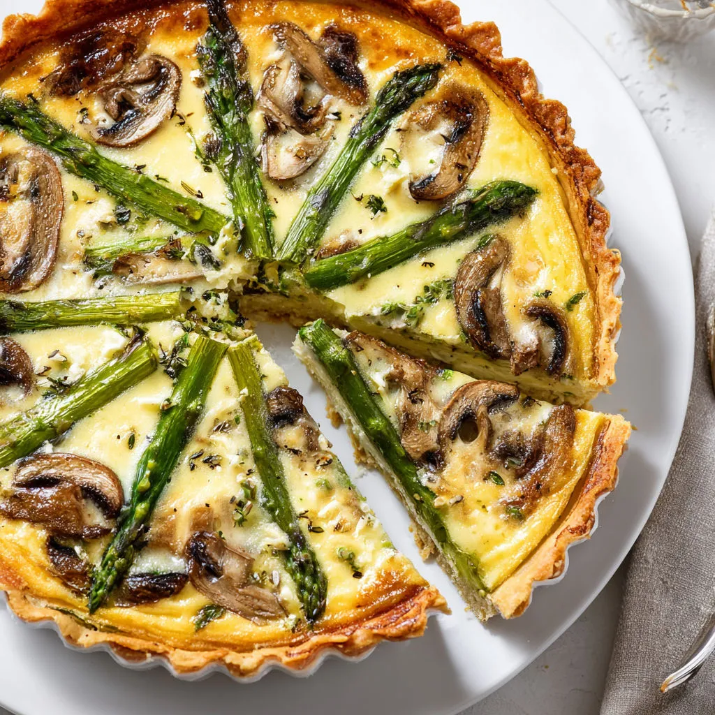 Un plat de quiche garni d'asperges et de champignons