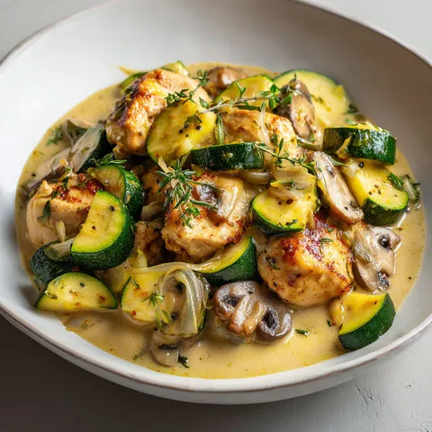 Un plat de poulet aux courgettes et champignons, décoré d'herbes fraîches sur une table.