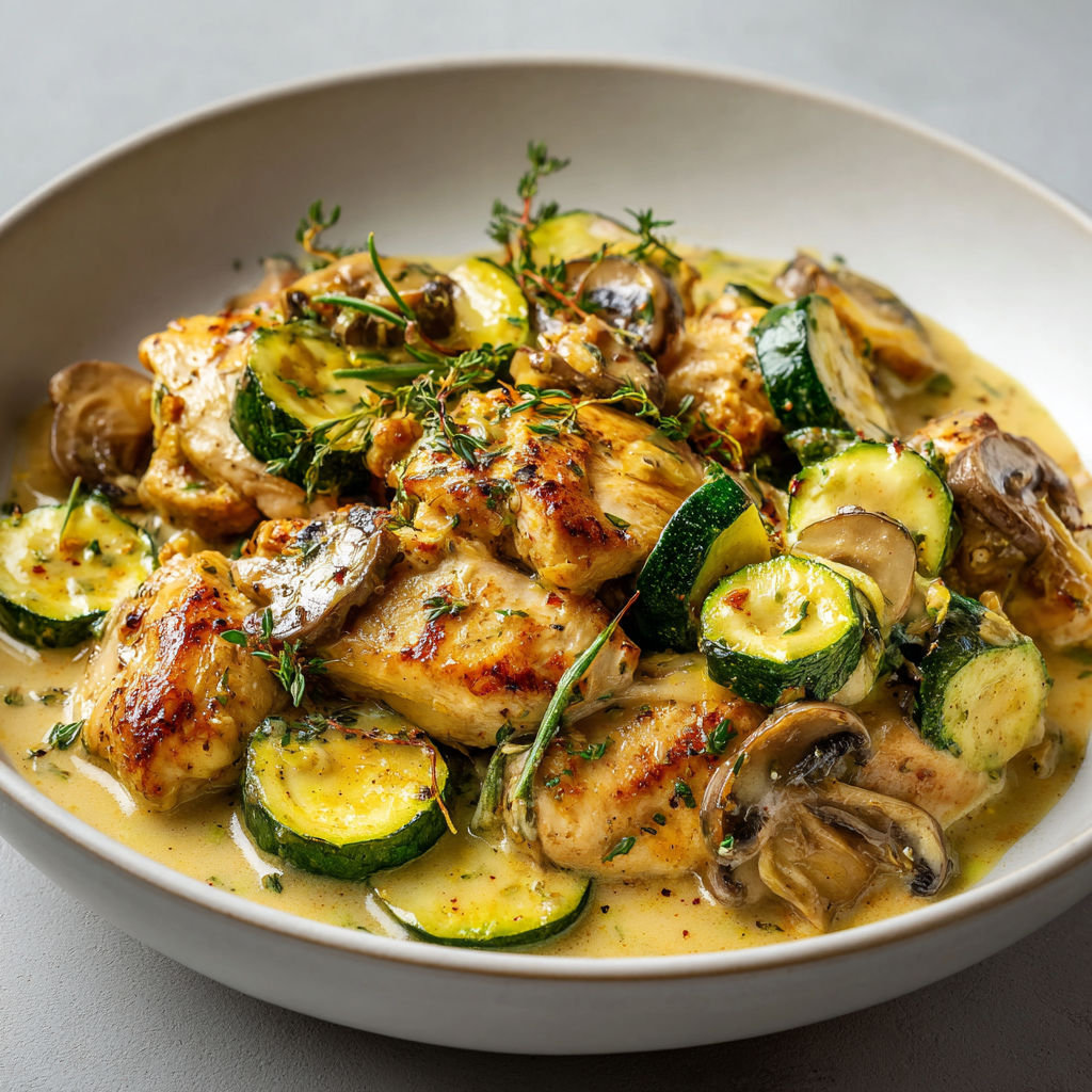 Mijoté de poulet aux courgettes, champignons et sauce curry douce.