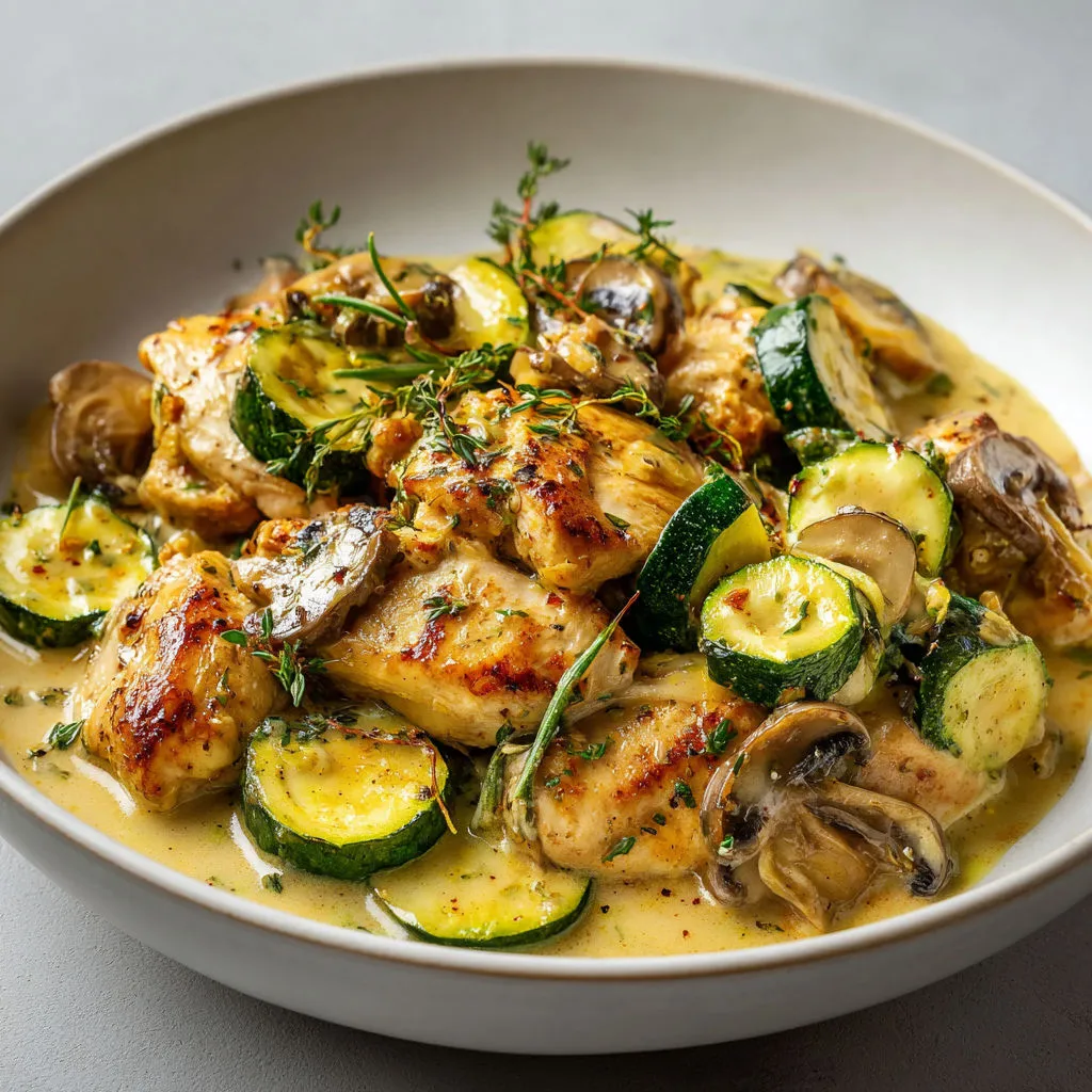 Mijoté de poulet aux courgettes, champignons et sauce curry douce.