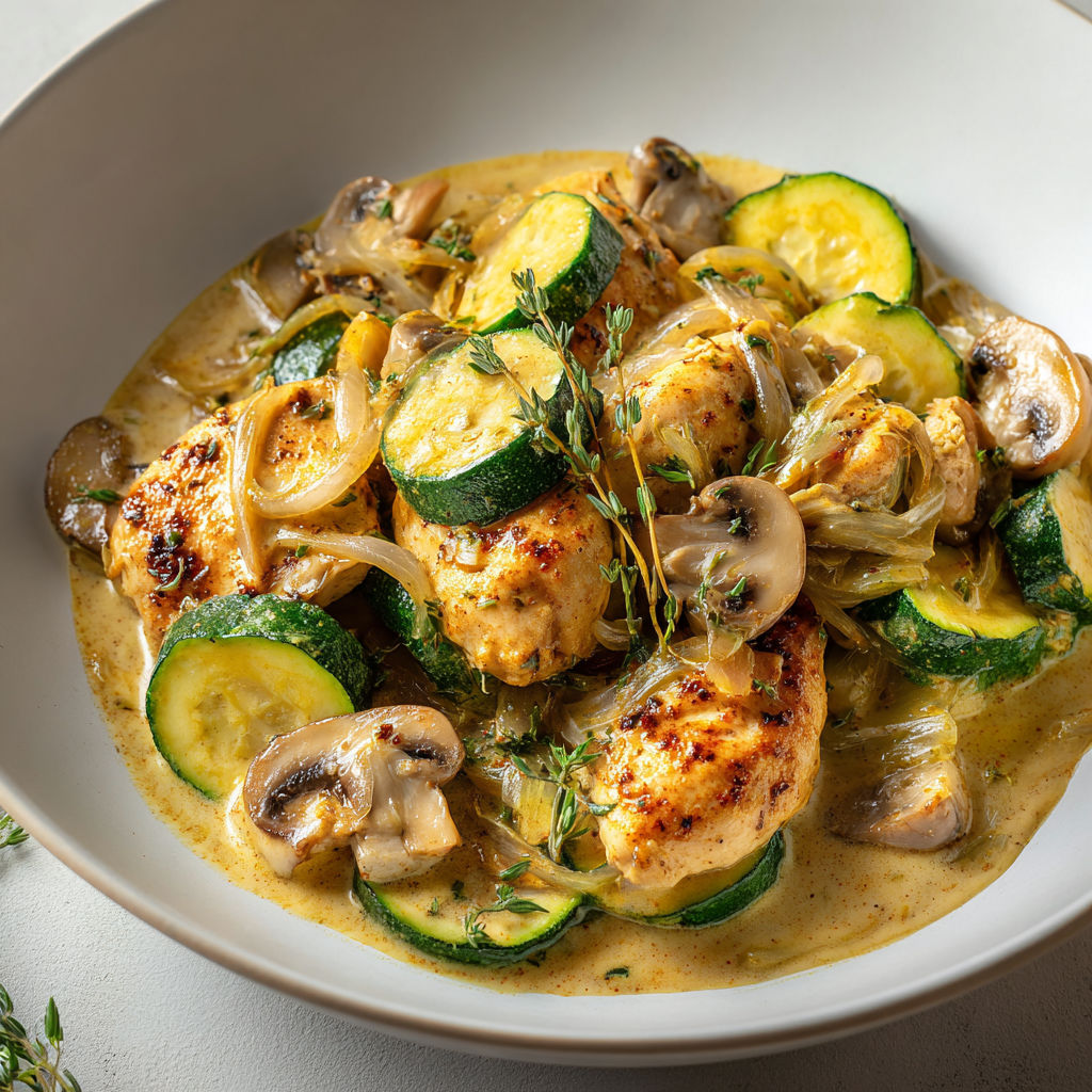 Poêlée de poulet aux légumes tendres et au bouillon parfumé au thym.