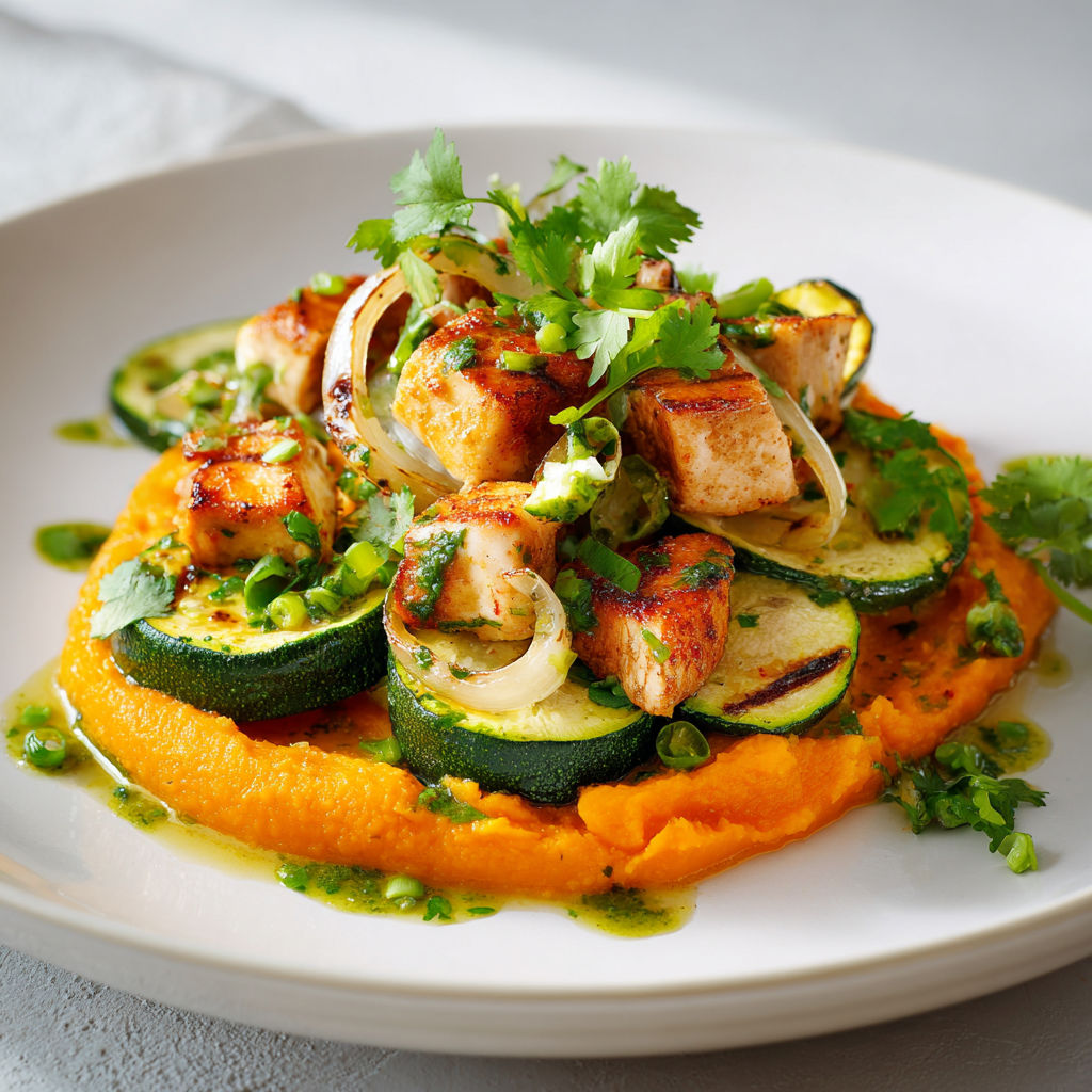 Un plat appétissant de poulet avec purée douce et salade verte fraîche.