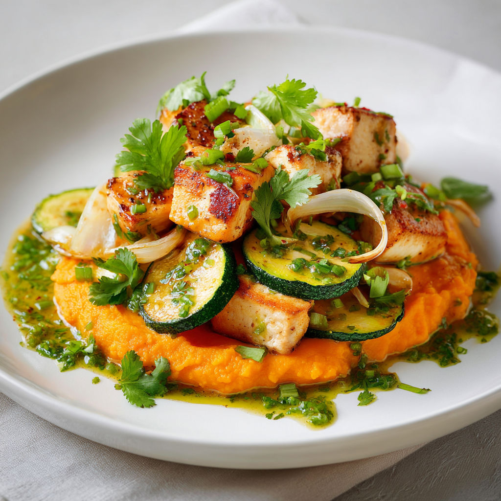 Poulet doré, courgettes minute et purée crémeuse de patates douces.