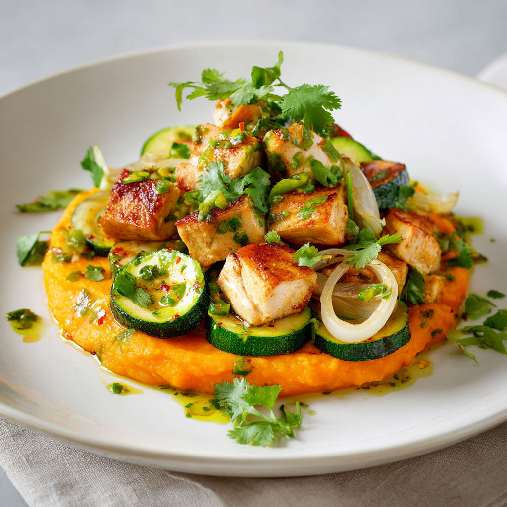 Sauté de poulet aux échalotes, courgettes tendres et purée maison de patates douces.