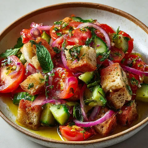 Un mélange appétissant de tomates, pain croquant, concombre et oignon rouge.