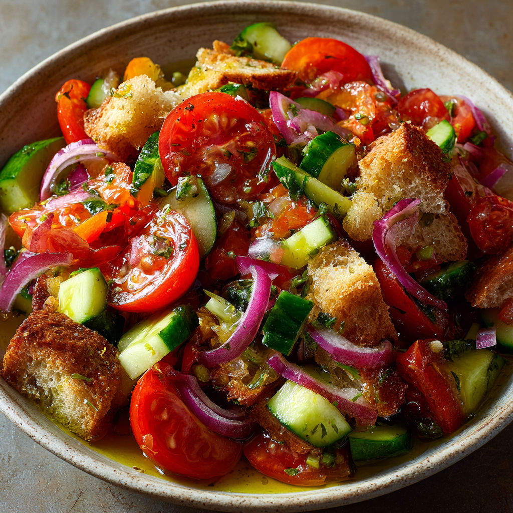 Grande assiette de salade italienne avec pain trempé, tomates juteuses, concombre et basilic.