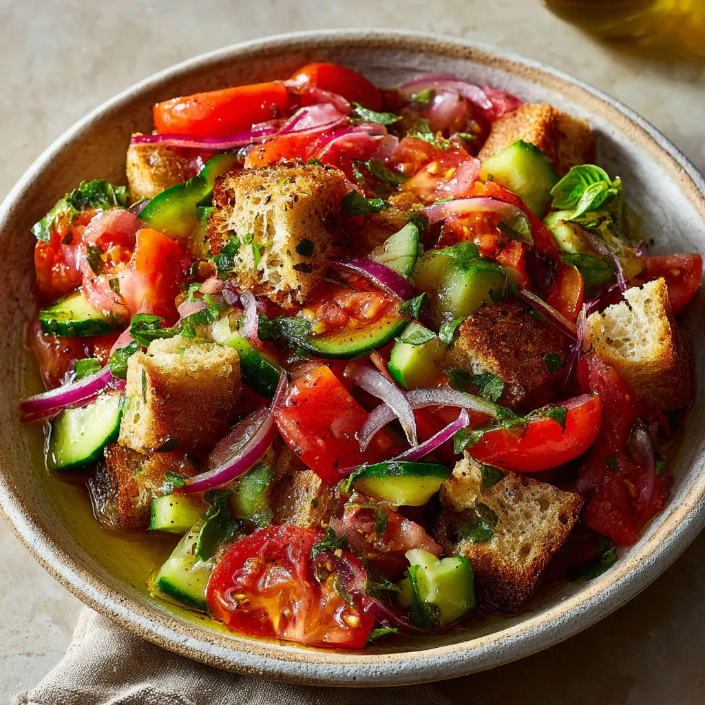Assiette rustique de salade toscane avec pain imbibé, oignon rouge et huile d’olive.