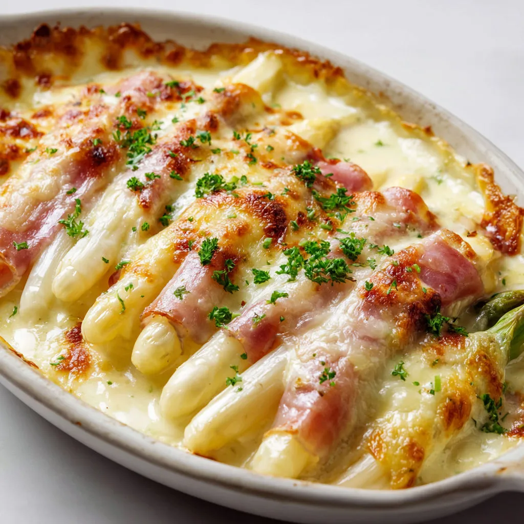 Un délicieux plat d’asperges gratinées avec fromage et jambon.