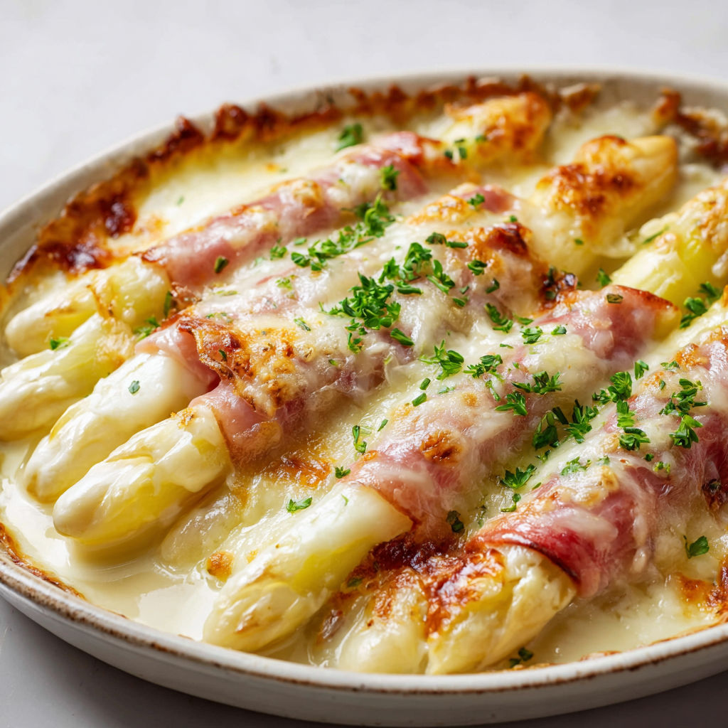 Asperges blanches gratinées avec jambon et béchamel fondante.