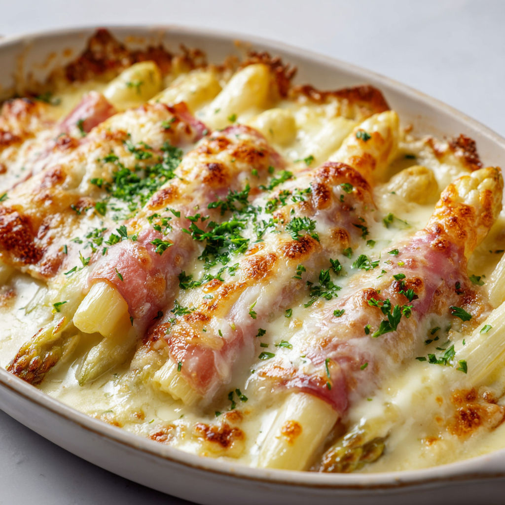 Gratin bien fondant aux asperges et jambon nappés de fromage.