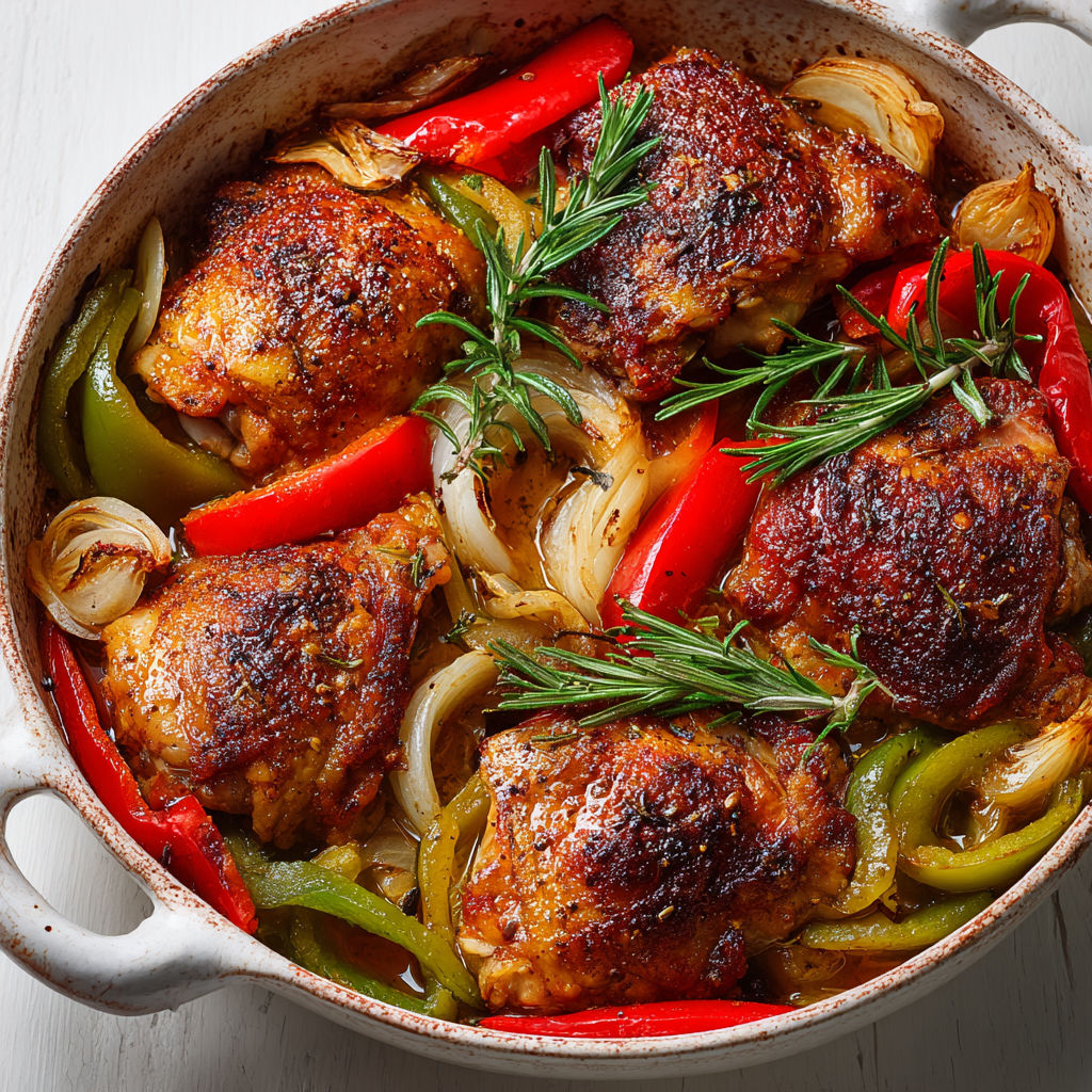 Un plat de poulet juteux et de légumes dorés au four, notamment poivrons et herbes.