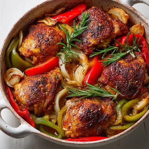 Un plat de poulet juteux et de légumes dorés au four, notamment poivrons et herbes.