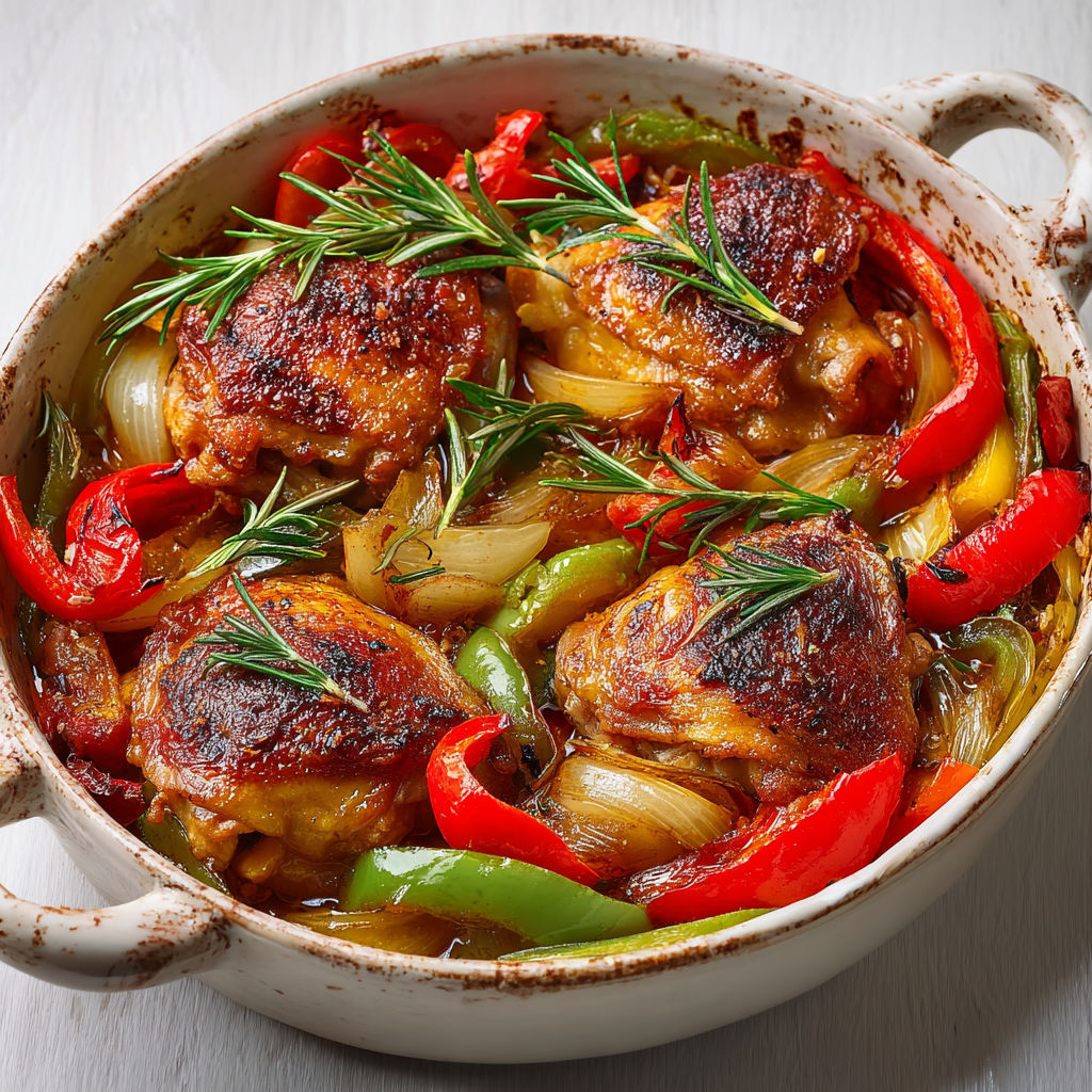 Cuisses de poulet rôties avec légumes qui fondent tomates et poivrons confits.