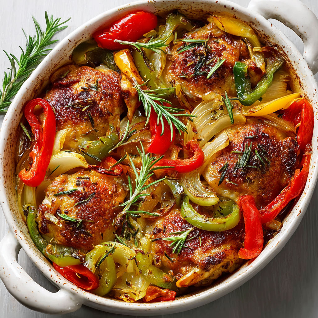 Cuisses de poulet croustillantes avec légumes du soleil et aromates.