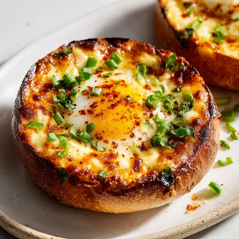Bagel doré avec œuf crémeux et cheddar fondant.