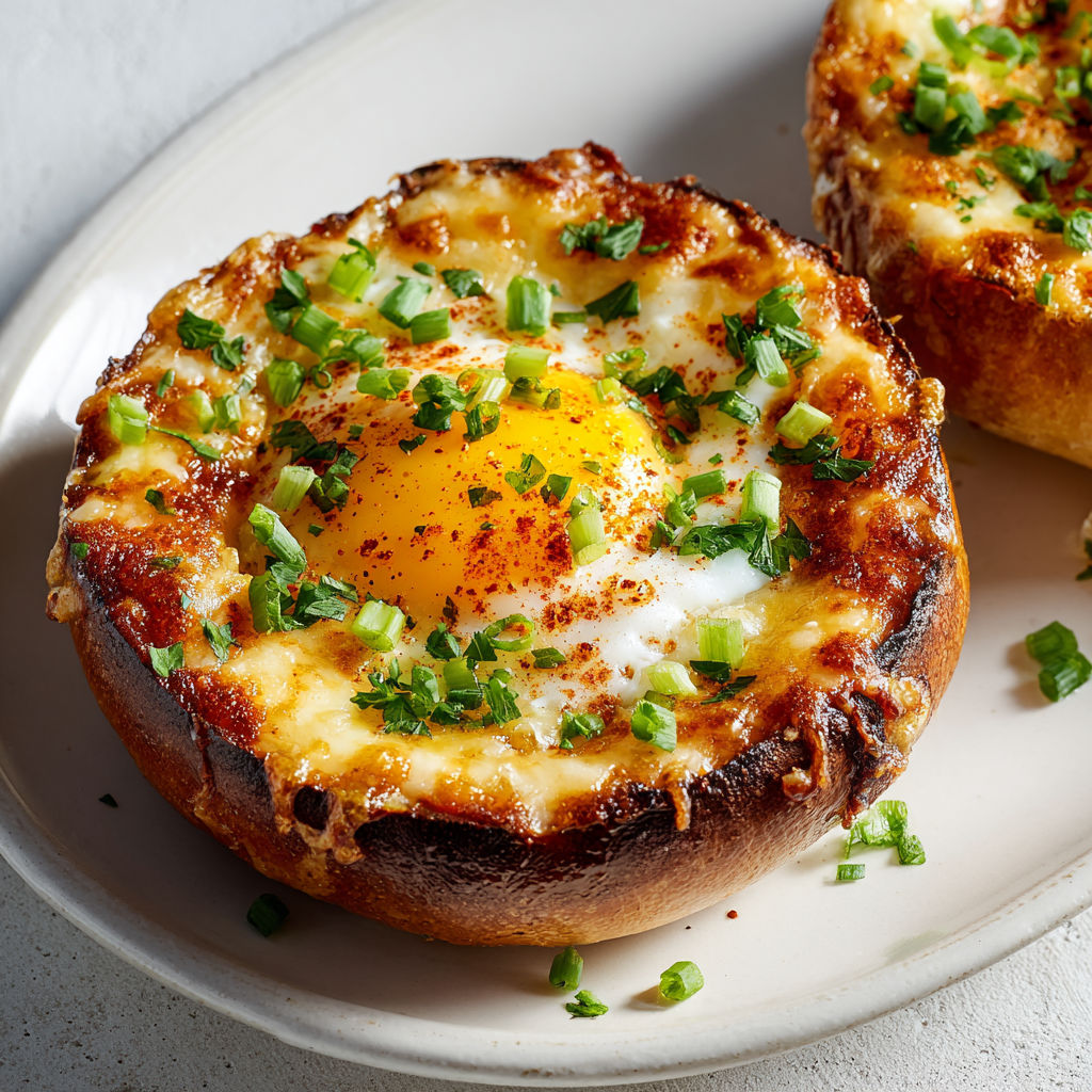 Bagel doré avec cheddar fondu et œuf moelleux passé au four.