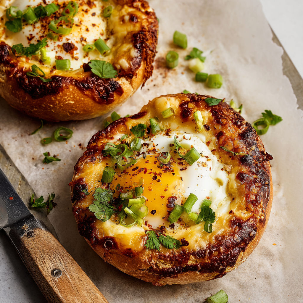 Bagel ultra croustillant façon brunch avec œuf au four et cheddar bien fondant.